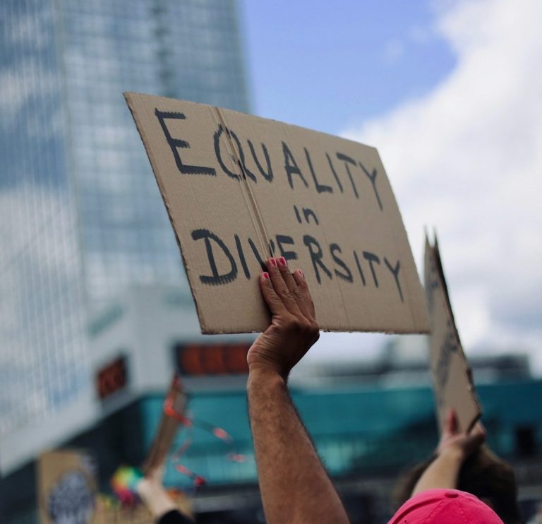 A hand holds a sign stating "EQUALITY in DIVERSITY" at a rally.